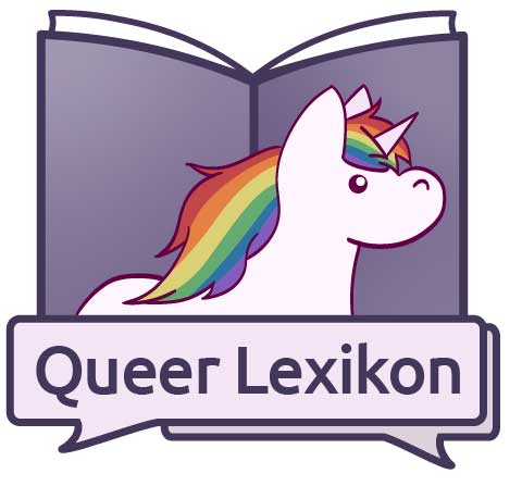 Logo Queer Lexikon: Schriftzug vor einem Buch auf dessen Cover ein Einhorn mit regenbogenfarbener Mähne abgebildet ist.