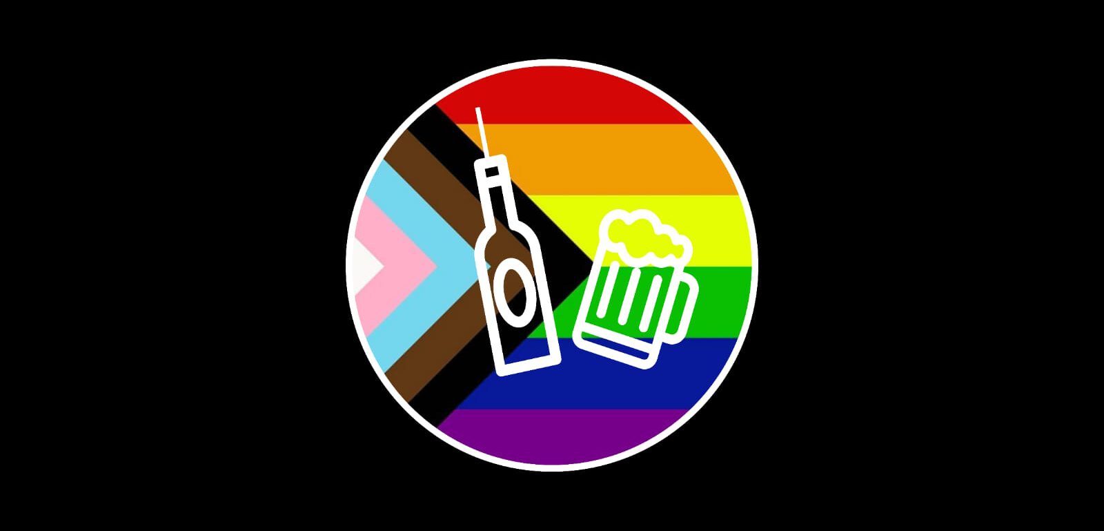 Logo Cheers Queers. Umrandung Flasche und Bierkrug in weiß auf Neuer Pride Flagge
