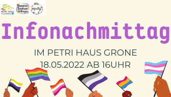 Infonachmittag im petri Haus Grone am 18. Mai um 16Uhr. Darunter viele queere Flaggen.